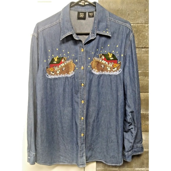 Women's Denim Grannycore Noah's Ark Long Sleeve Button Closure Shirt Size L - Picture 1 of 7